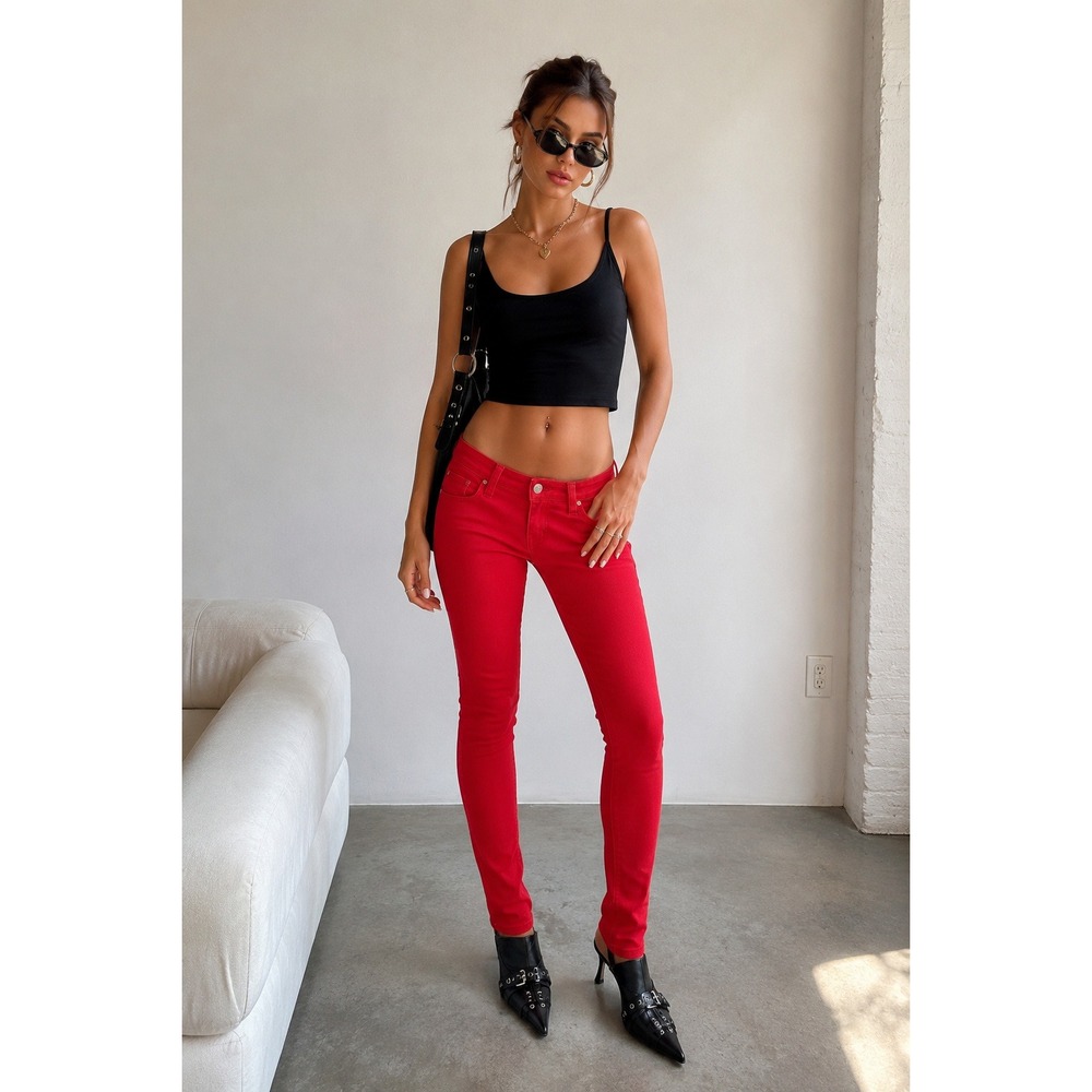 VINTAGE Y2K Tripp NYC Skinny Pants Women 7 Red Denim Skull Logo Alt Grunge EMO